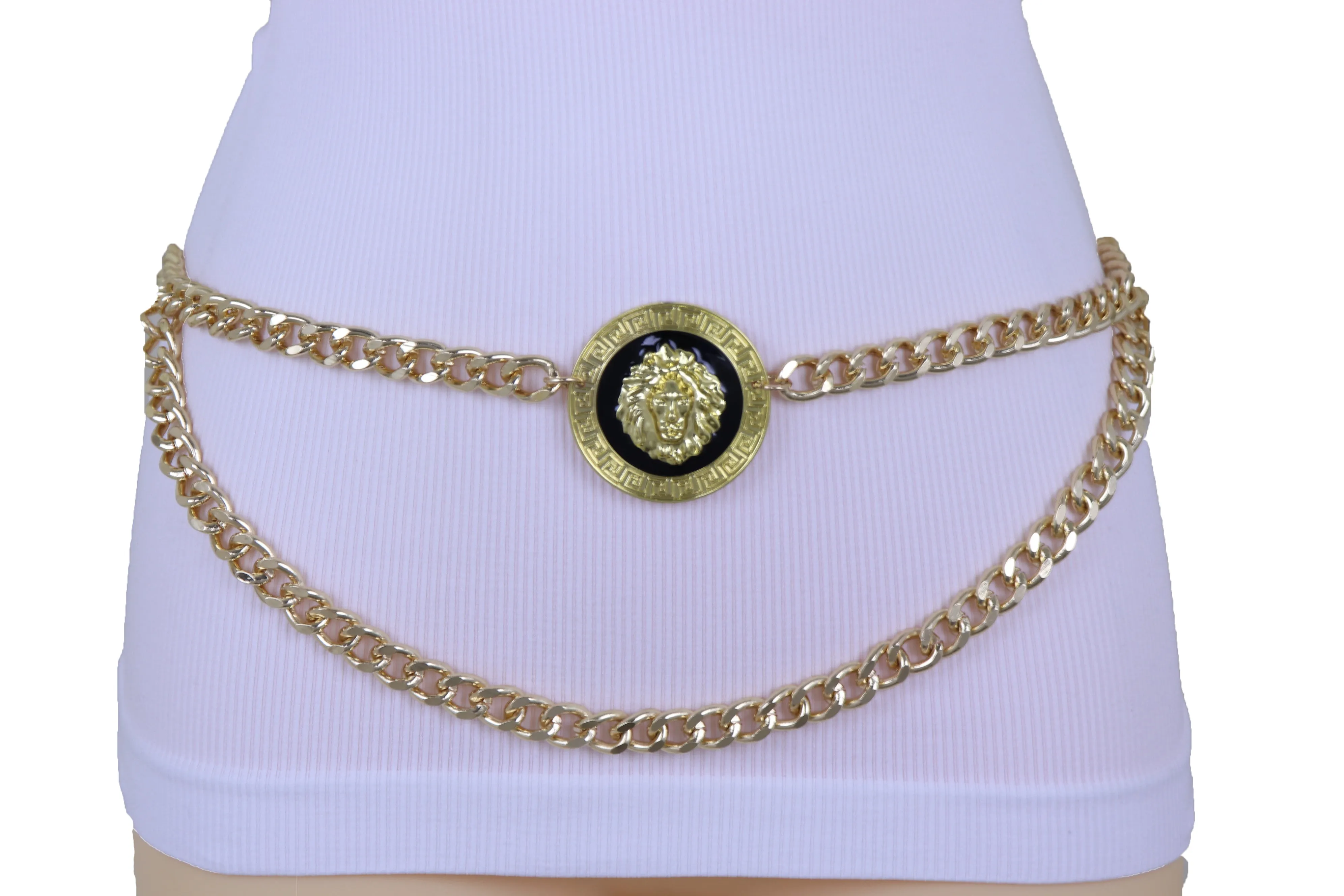 Gold Metal Wave Chain Belt with Lion Medallion Pendant