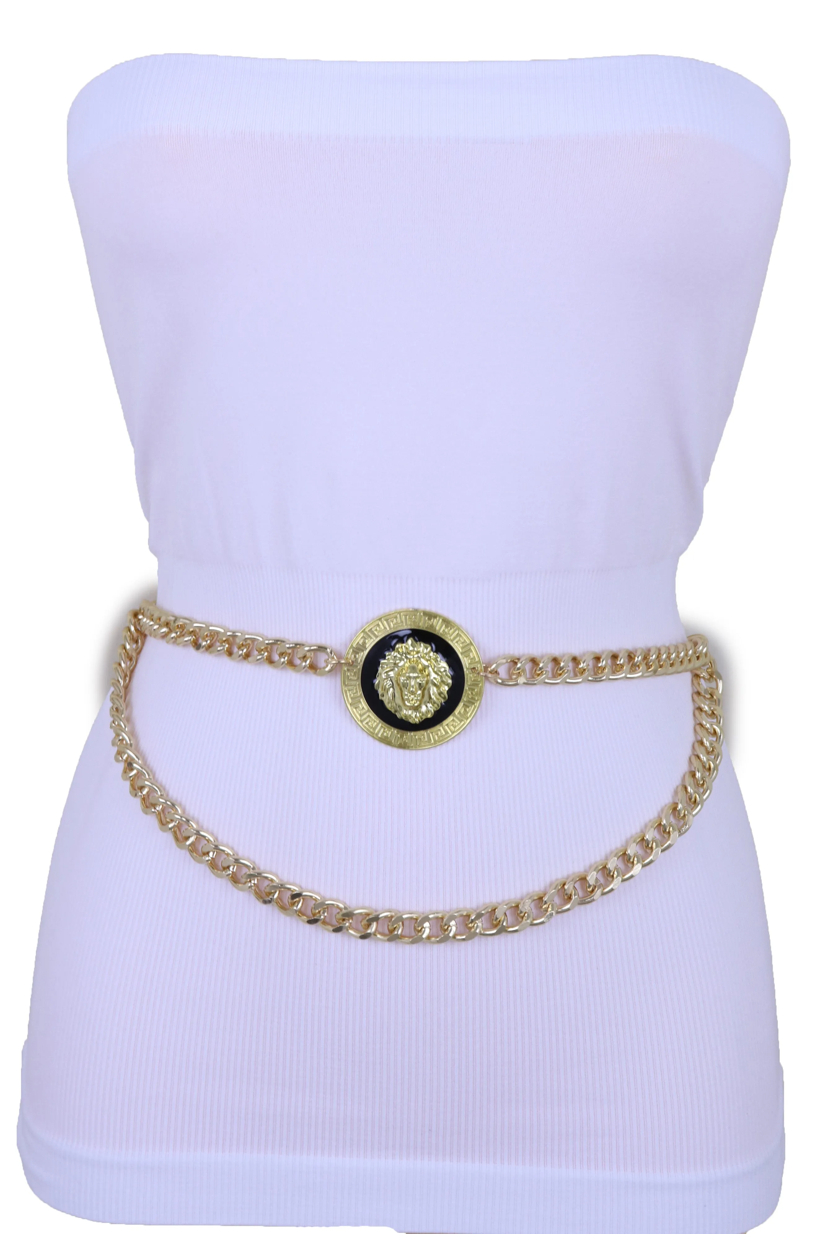Gold Metal Wave Chain Belt with Lion Medallion Pendant