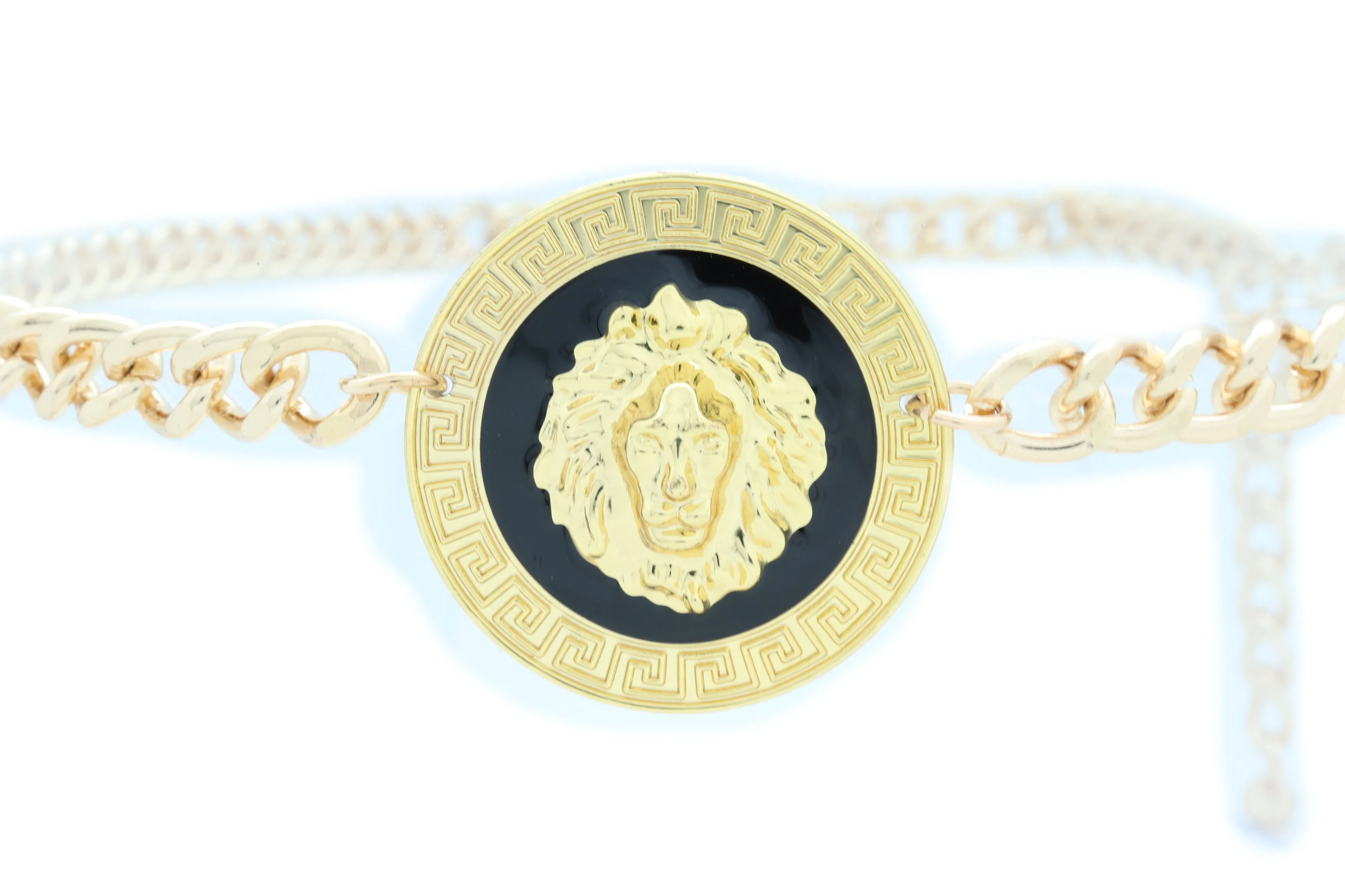 Gold Metal Wave Chain Belt with Lion Medallion Pendant