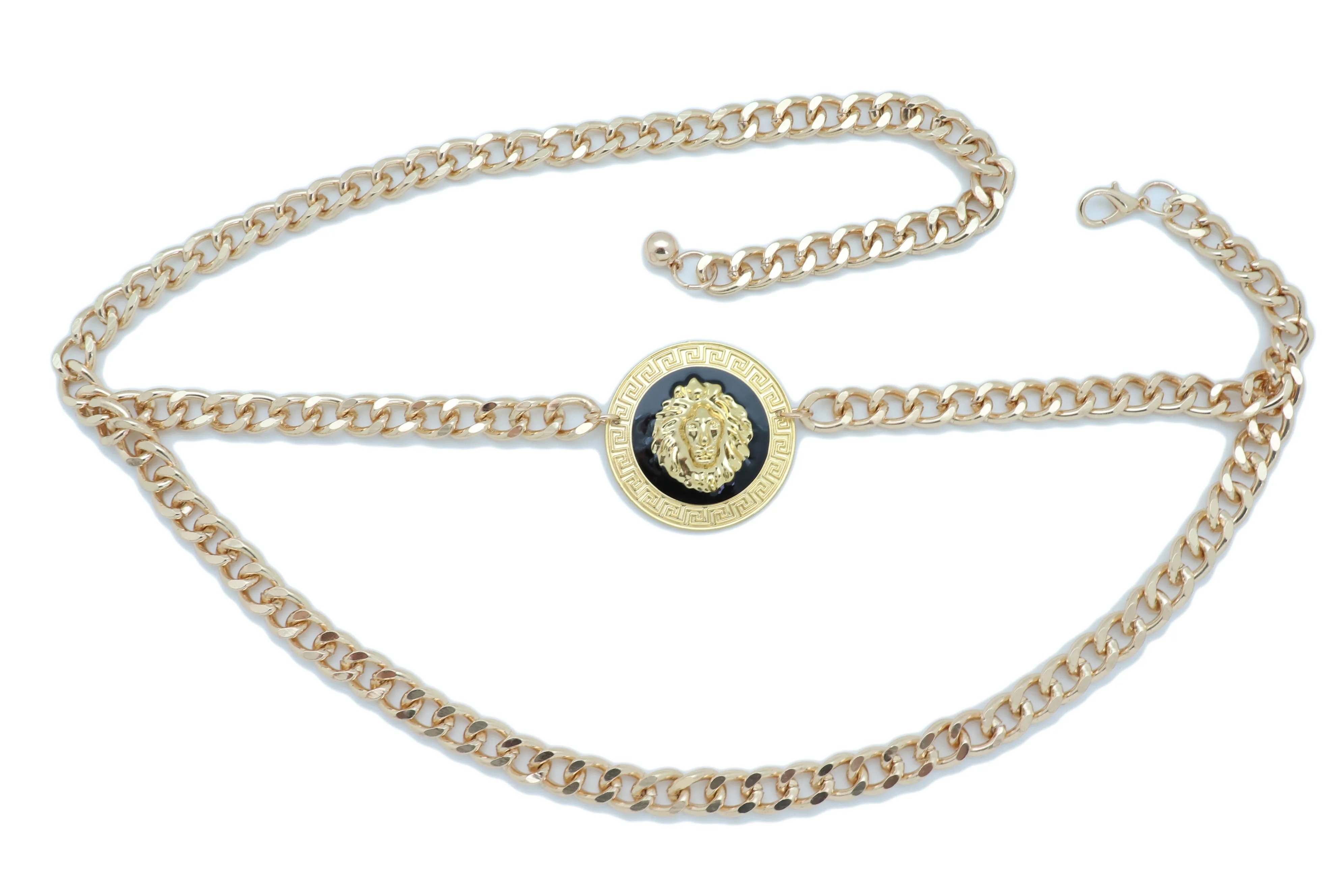 Gold Metal Wave Chain Belt with Lion Medallion Pendant