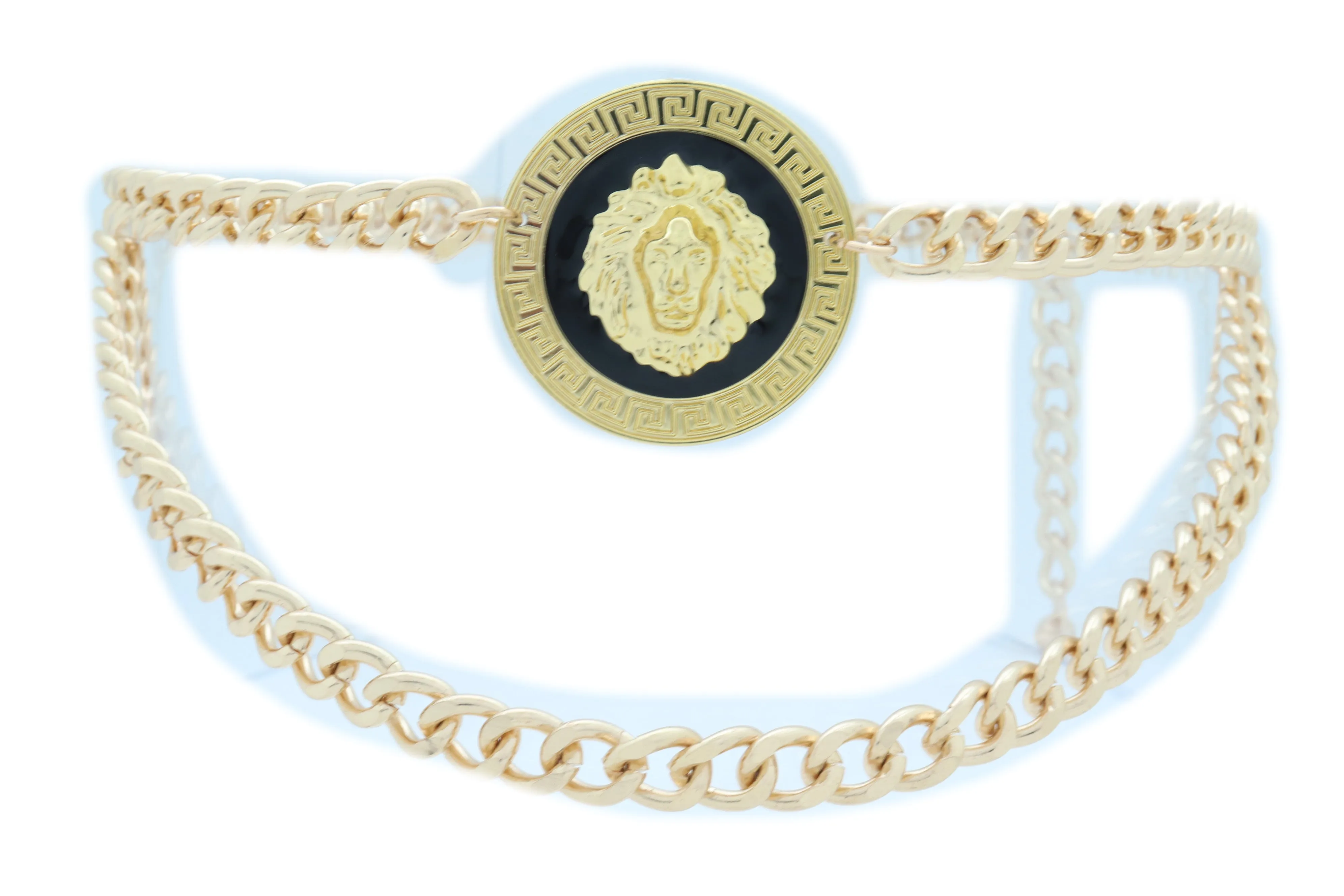 Gold Metal Wave Chain Belt with Lion Medallion Pendant