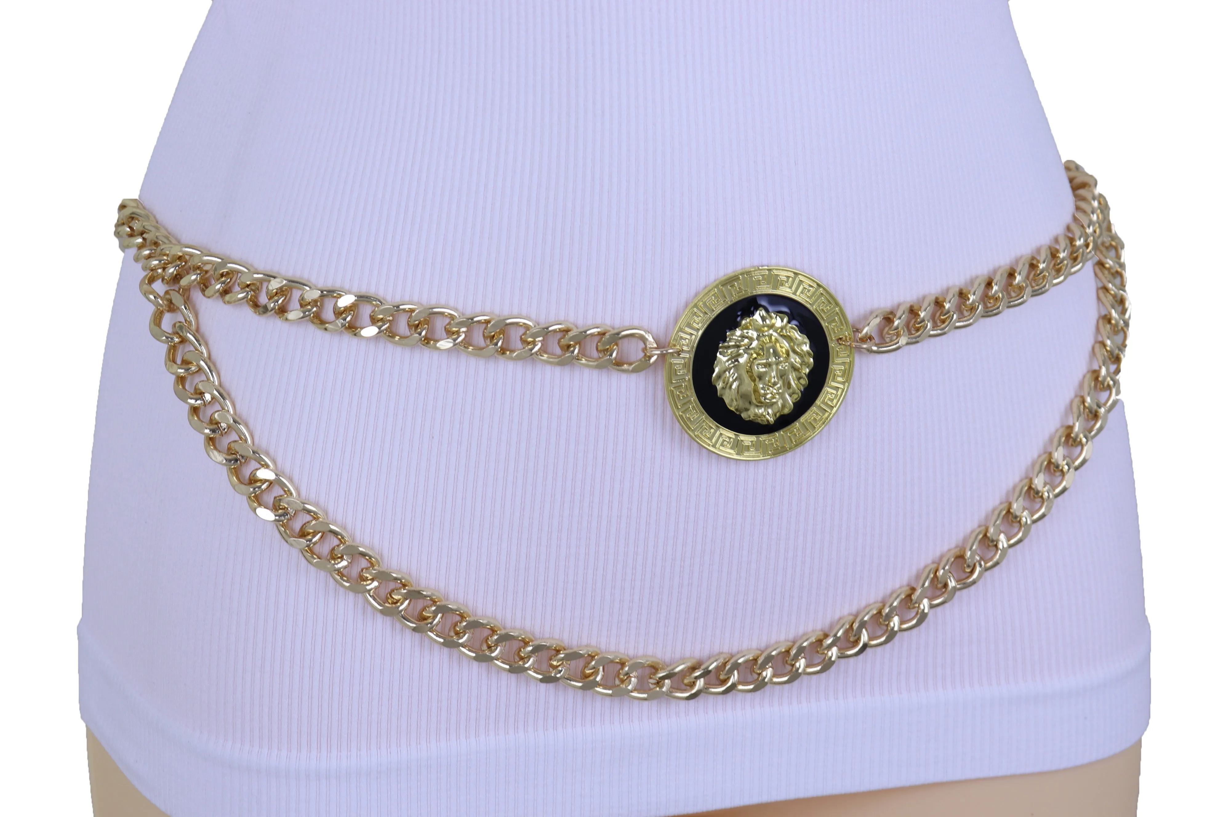 Gold Metal Wave Chain Belt with Lion Medallion Pendant
