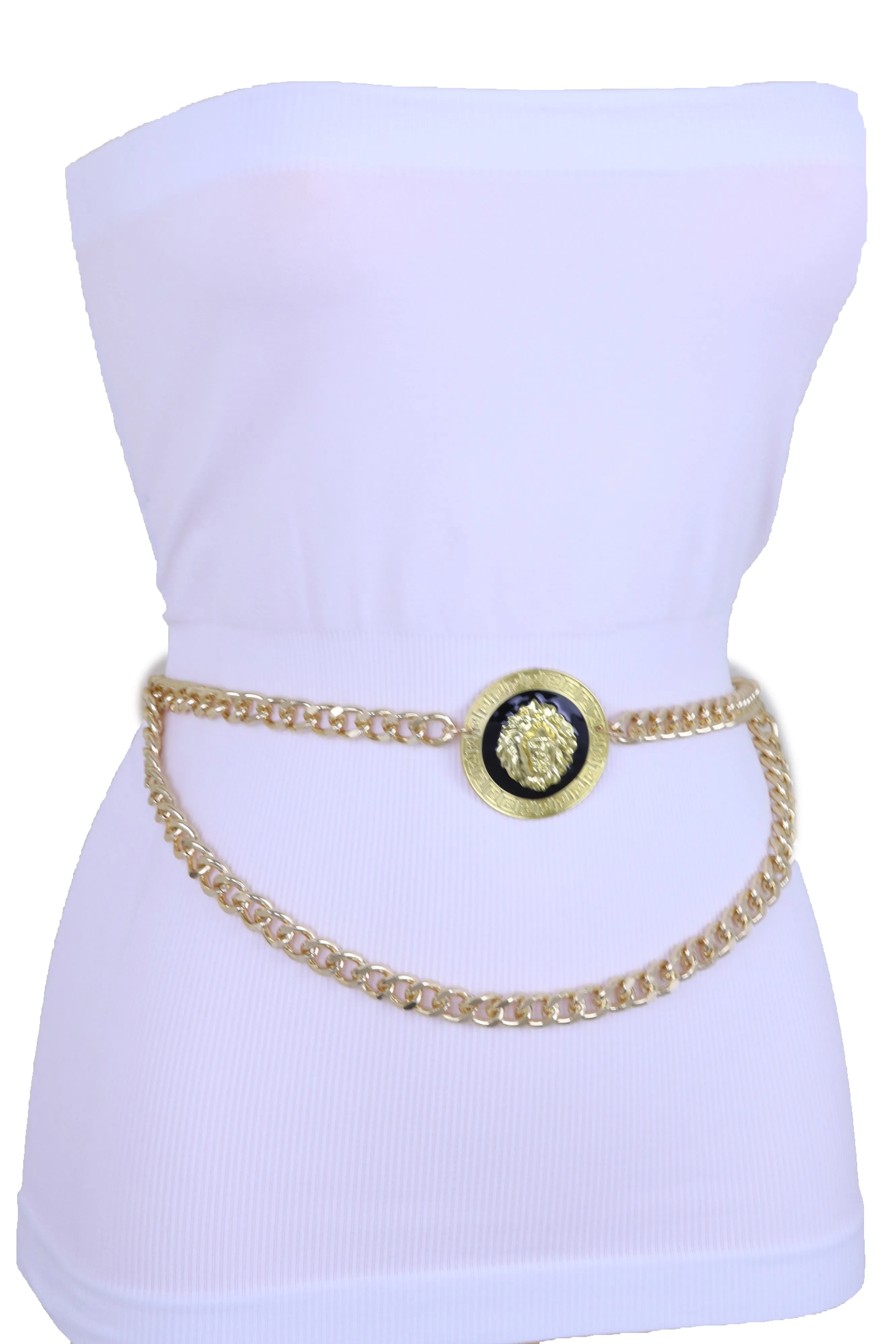 Gold Metal Wave Chain Belt with Lion Medallion Pendant