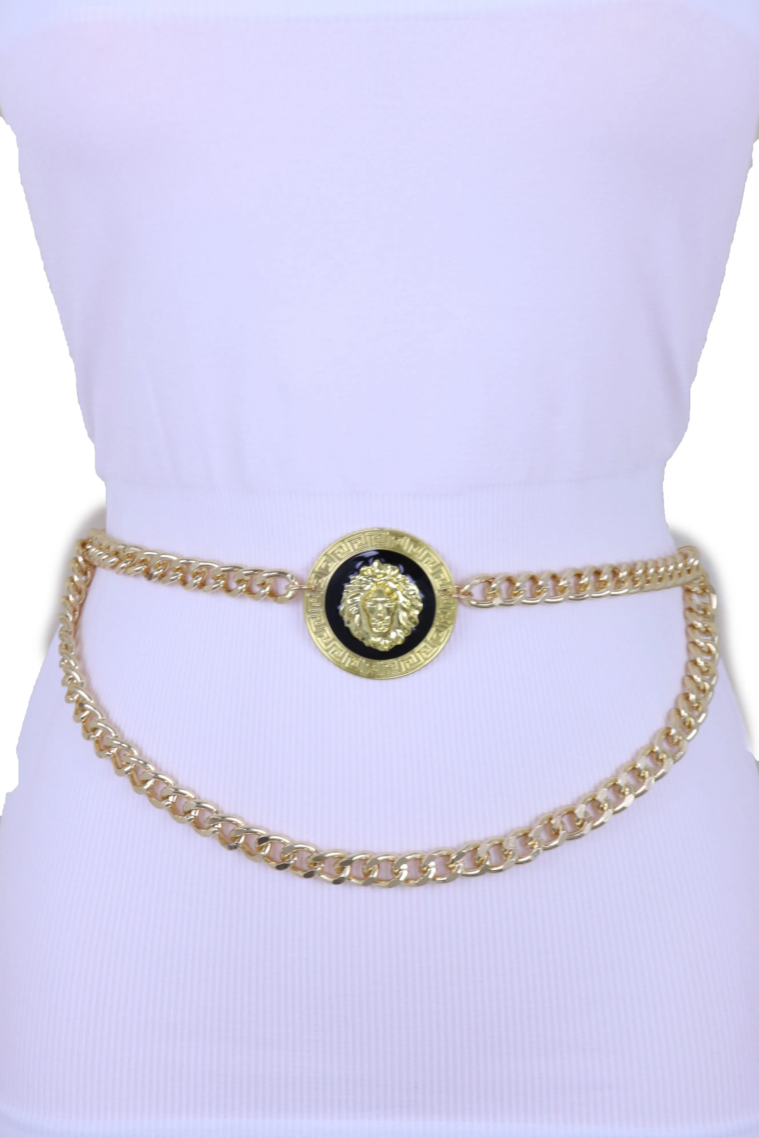 Gold Metal Wave Chain Belt with Lion Medallion Pendant