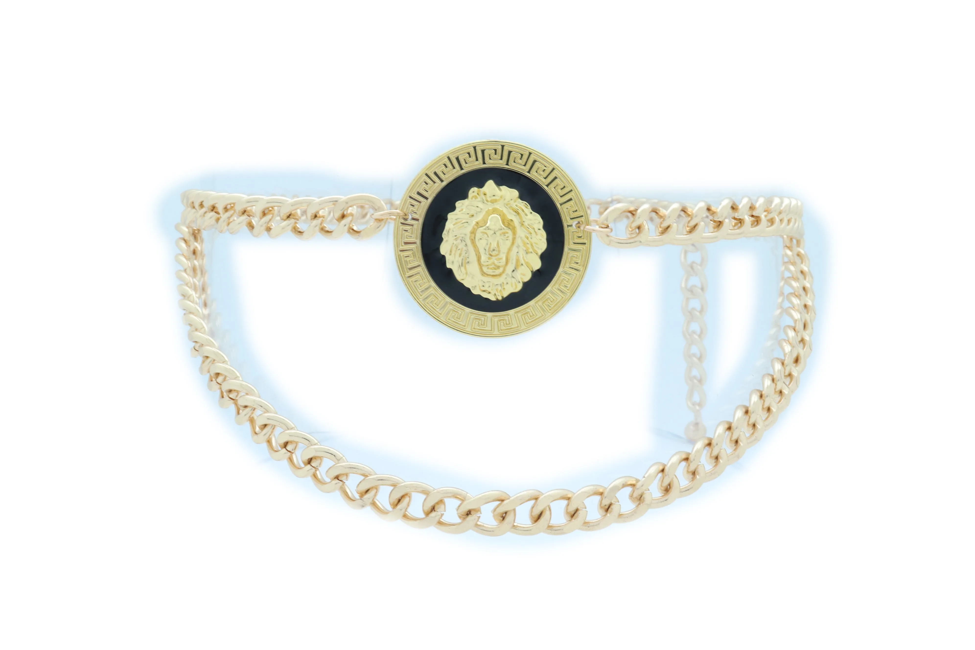 Gold Metal Wave Chain Belt with Lion Medallion Pendant