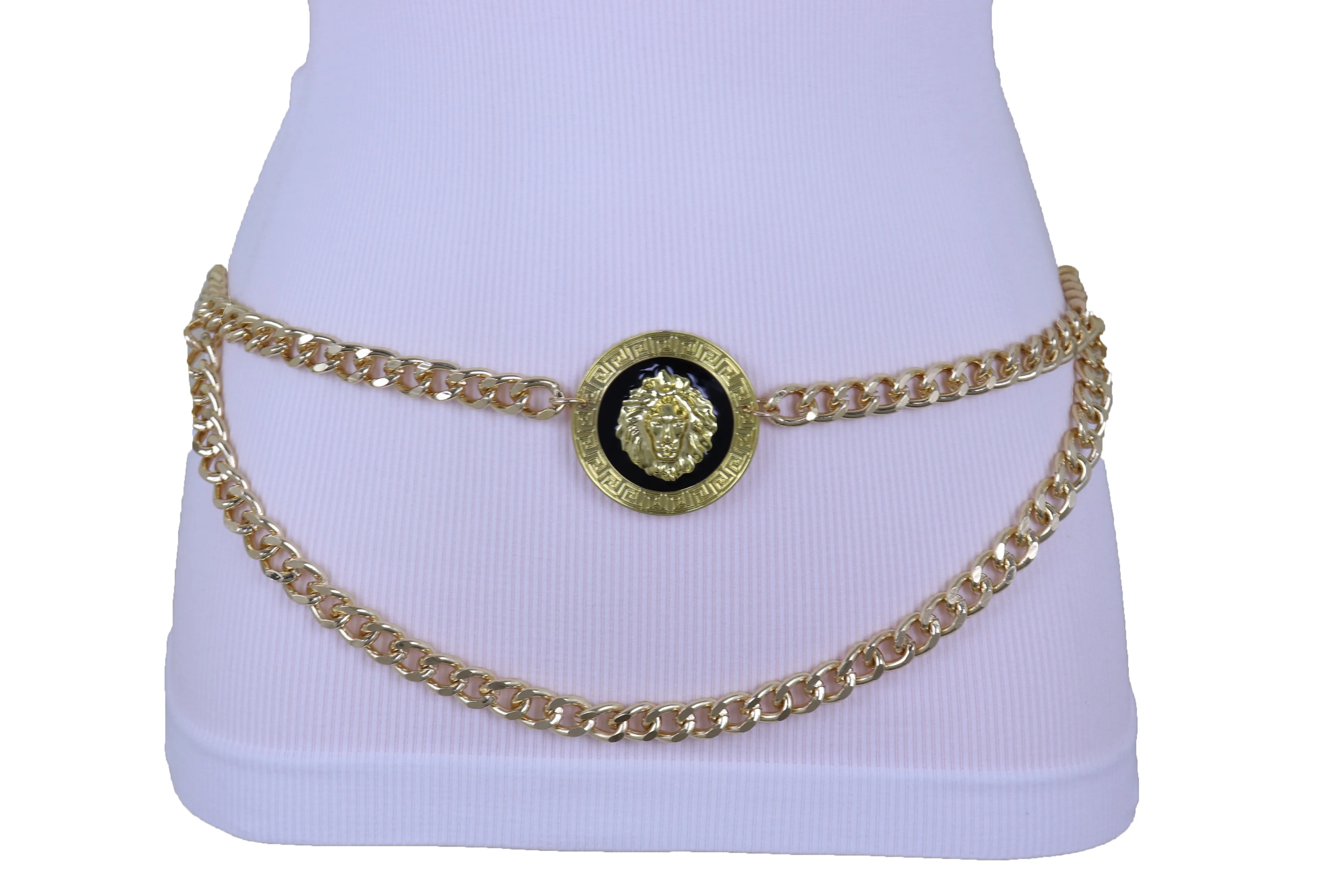 Gold Metal Wave Chain Belt with Lion Medallion Pendant