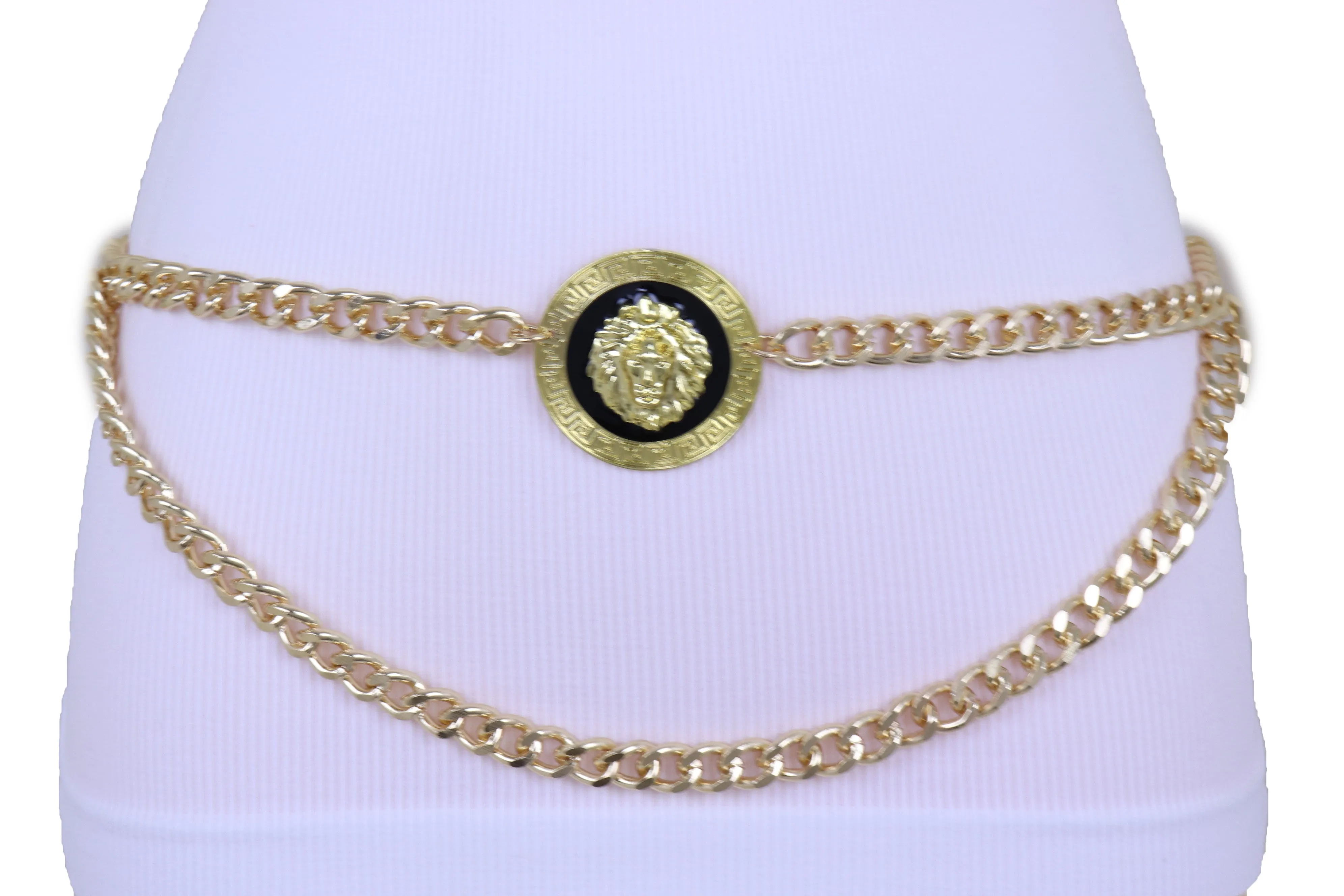 Gold Metal Wave Chain Belt with Lion Medallion Pendant