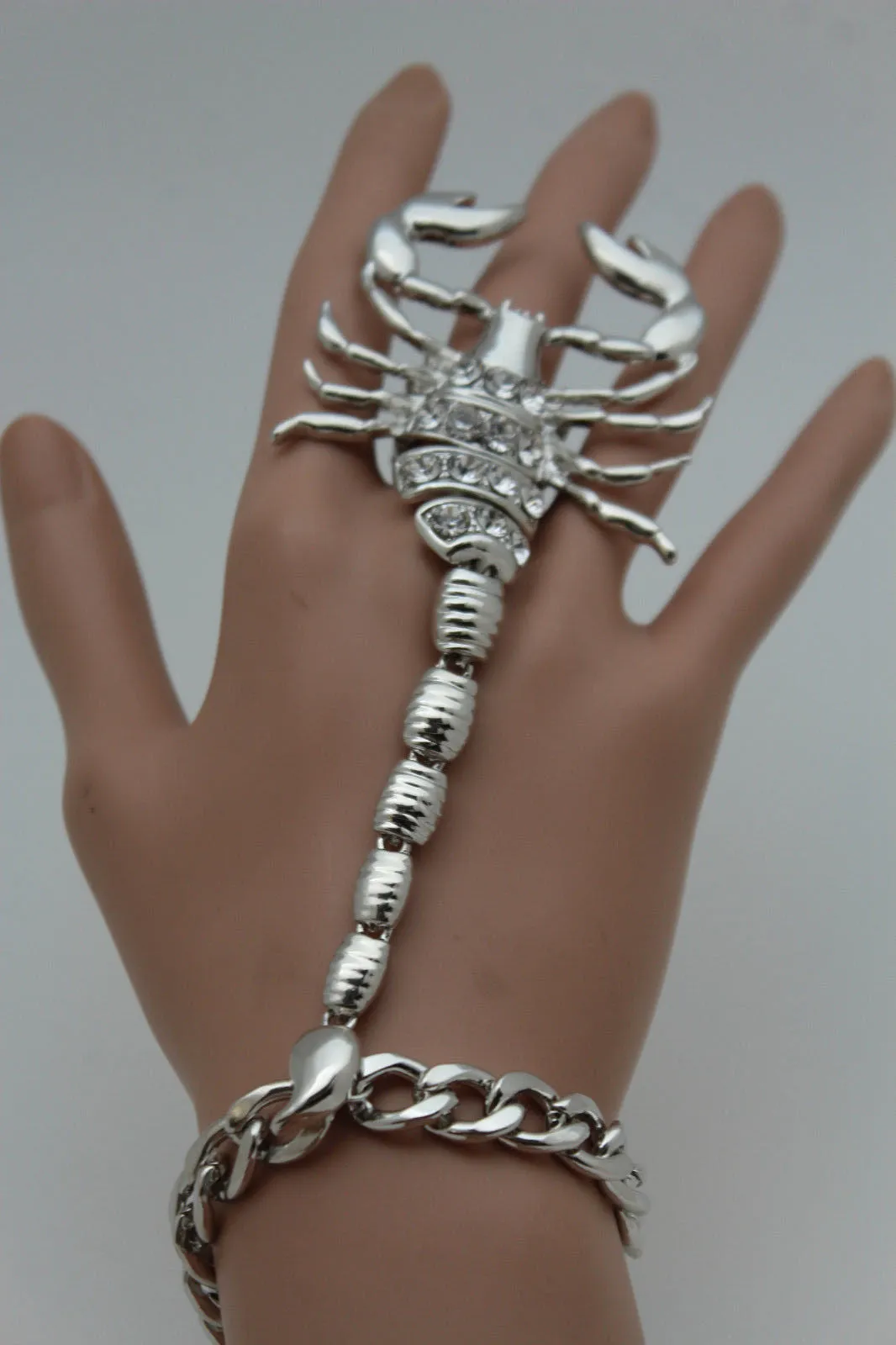 Gold Silver Metal Hand Chain Bracelet Connected Finger Ring Rhinestones Long Scorpion