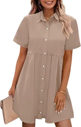 GRAPENT Denim Dress for Women Babydoll Tiered Short Sleeve Button Down Jean Shirt Dresses