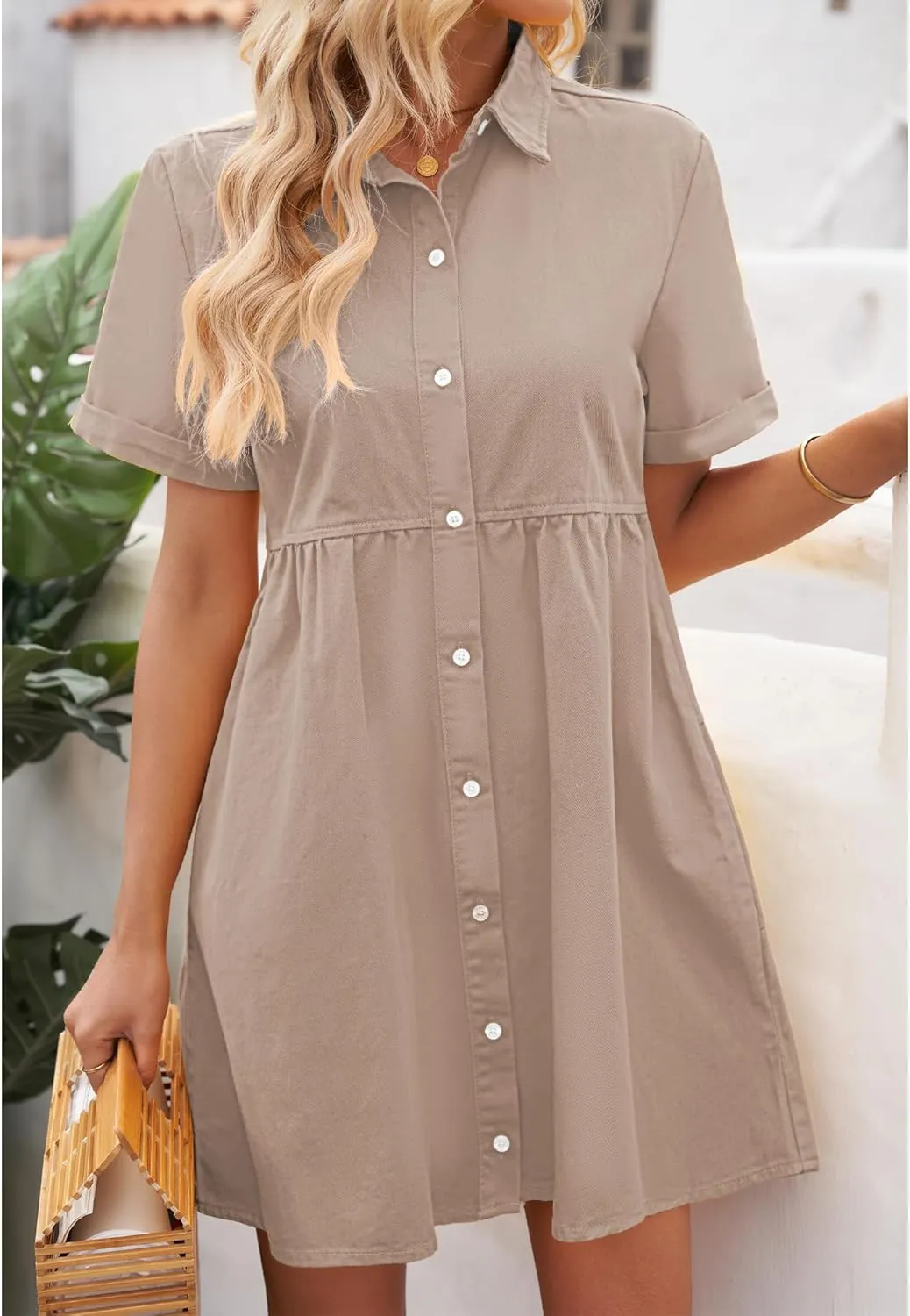 GRAPENT Denim Dress for Women Babydoll Tiered Short Sleeve Button Down Jean Shirt Dresses