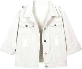 Hixiaohe Women Autumn 3/4 Sleeve Retro Short Denim Jackets Light Blue Jean Coats