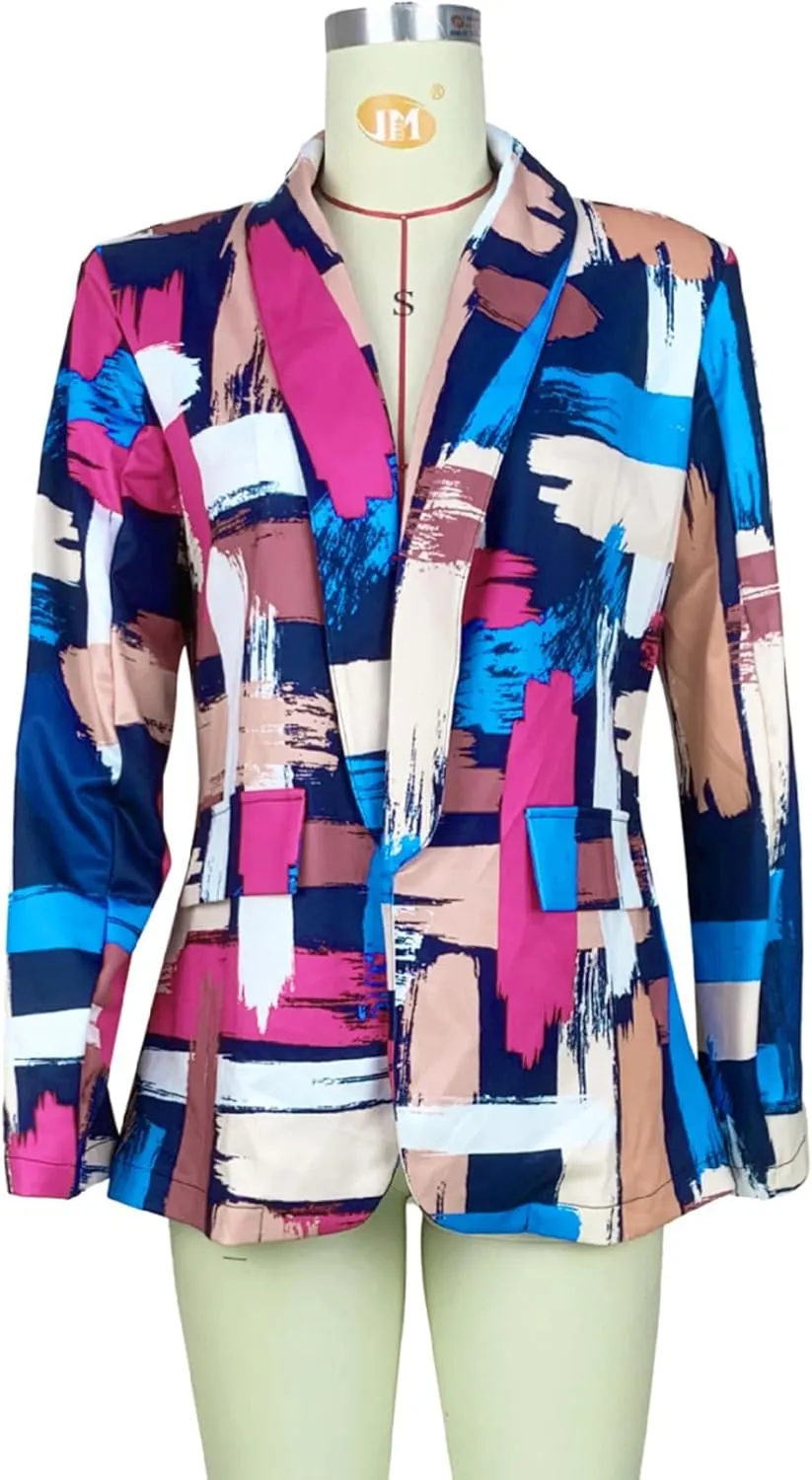 HuiSiFang Women's Printed Blazer Jacket Long Sleeve Open Front Casual Multicolor Print Top