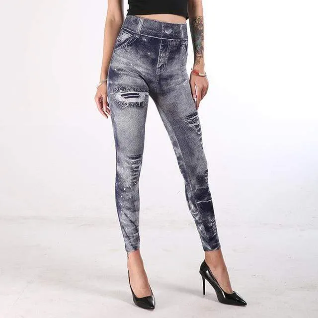 Imitation Denim Printed Slim Jeggings