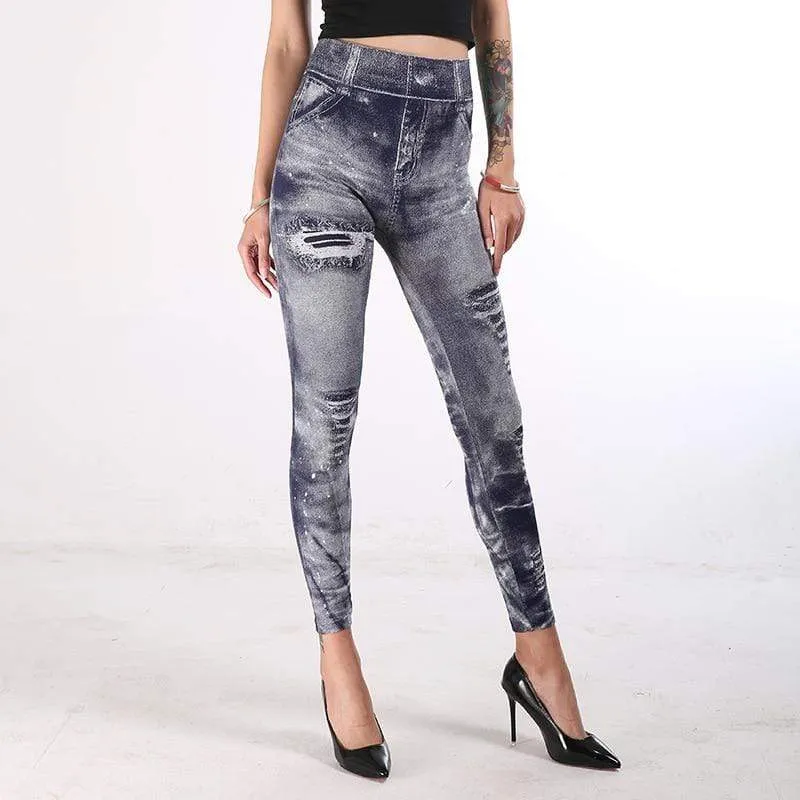 Imitation Denim Printed Slim Jeggings