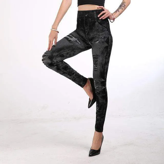 Imitation Denim Printed Slim Jeggings