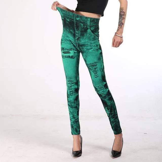 Imitation Denim Printed Slim Jeggings