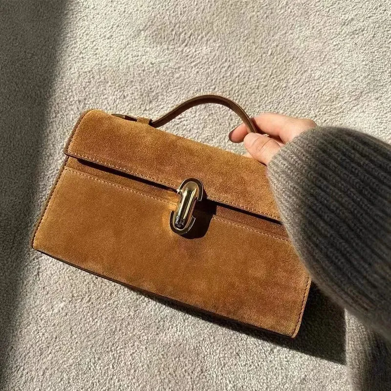 Italian Calfskin Leather Flap Box Bag, Suede Leather Handbag, Luxury Designer Bag, Italian Leather Box Bag, Classic Handbag, Minimalist Genuine Leather Purse