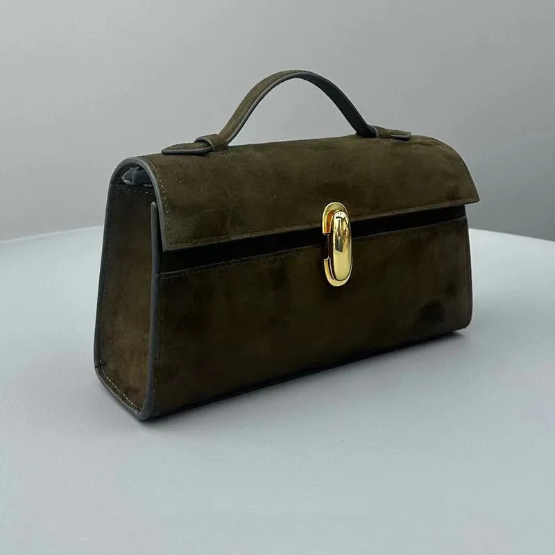 Italian Calfskin Leather Flap Box Bag, Suede Leather Handbag, Luxury Designer Bag, Italian Leather Box Bag, Classic Handbag, Minimalist Genuine Leather Purse
