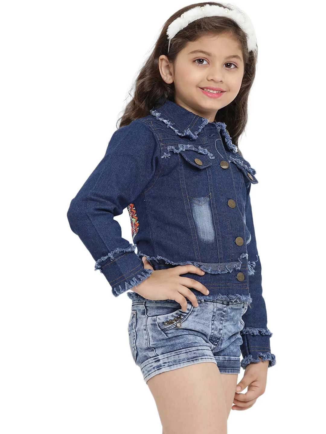 Jashvi Girls Blue Embroidered Lightweight Denim Jacket