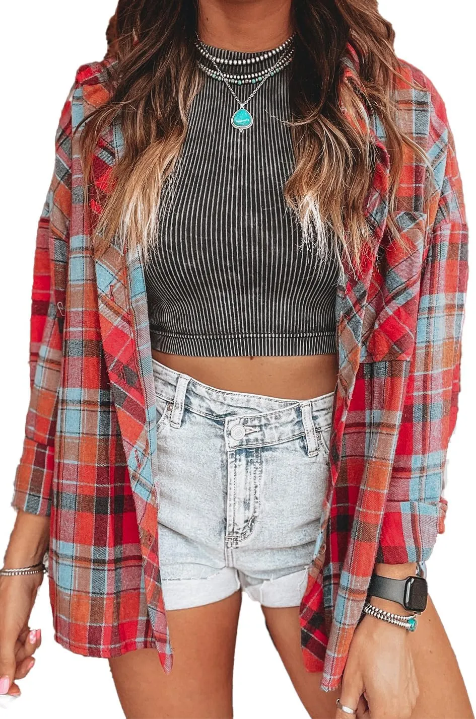 KevaMolly Plaid Flannel Shirts for Women Loose Fit Boyfriend Button Down Shirt Long Sleeve Casual Flannel Blouse Tops