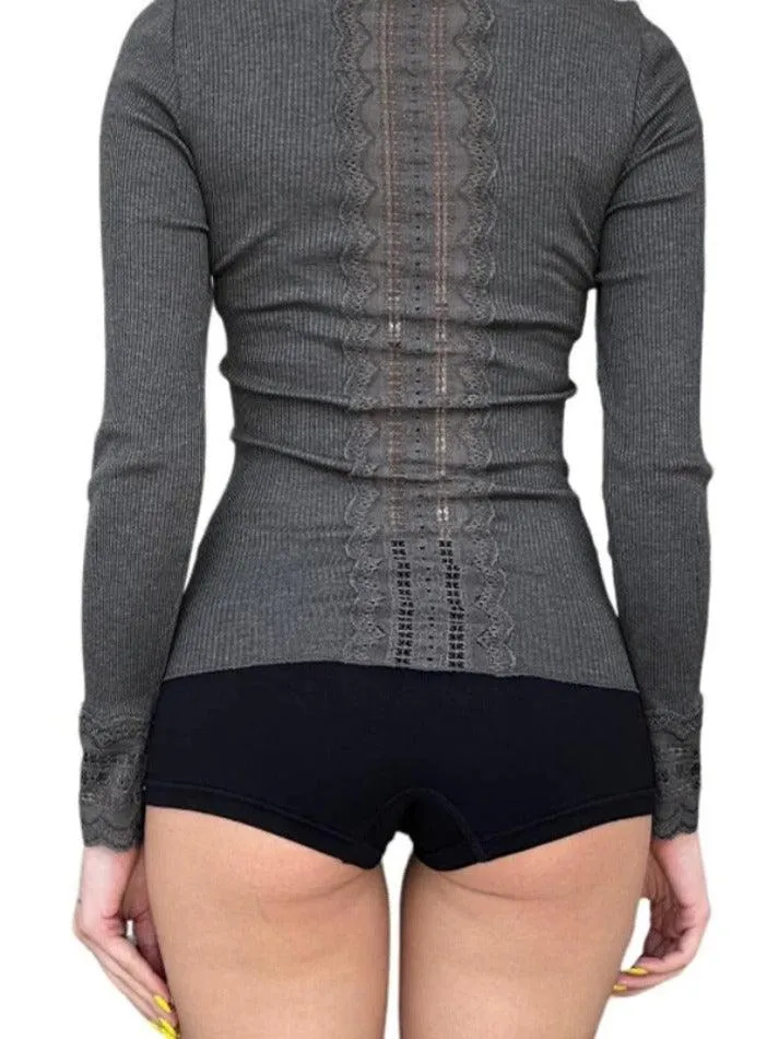 Lace Splice Breasted Slim Long Sleeve Knit
