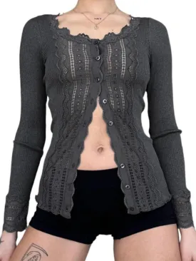 Lace Splice Breasted Slim Long Sleeve Knit
