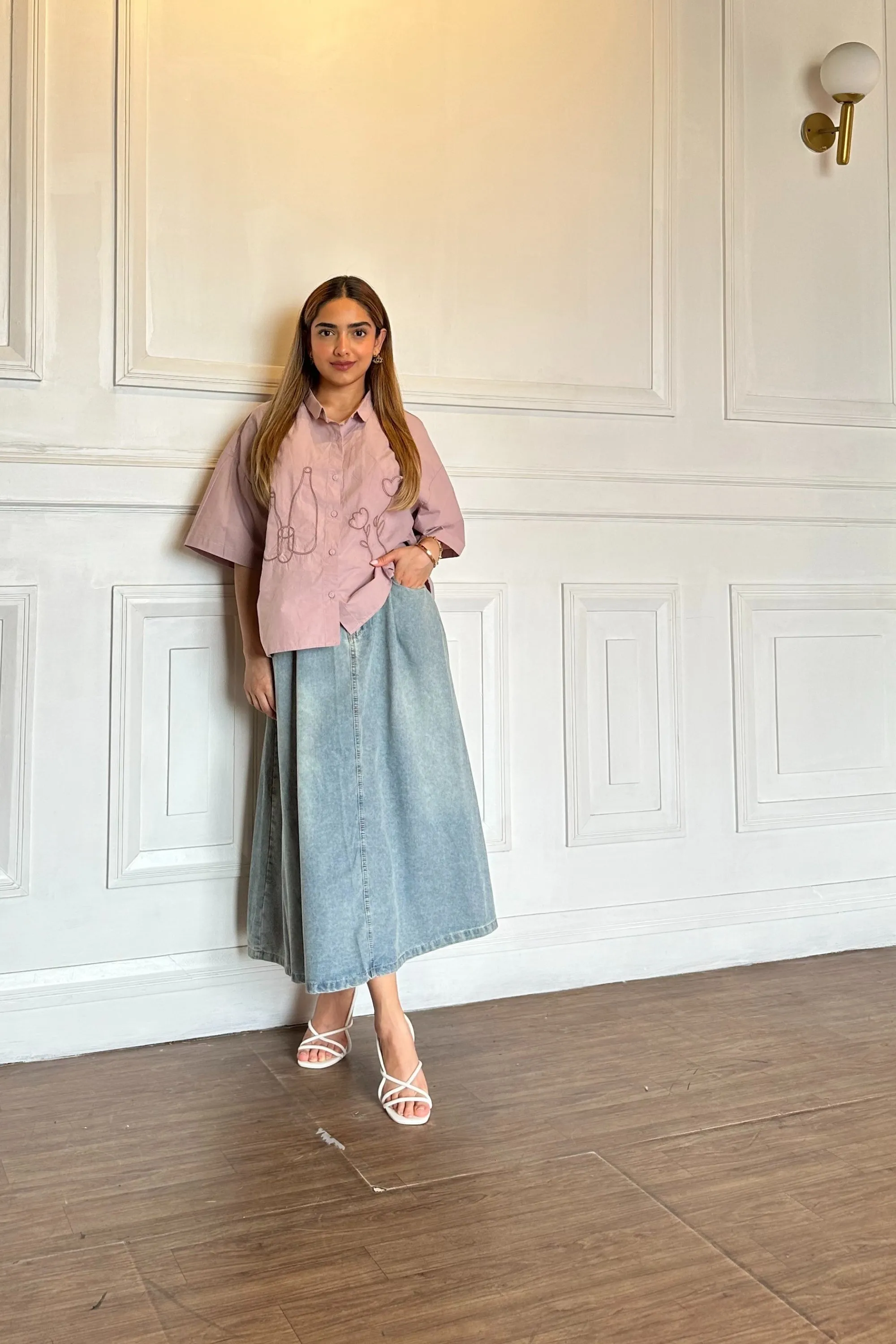 Line Embroidery Shirt & Skirt Coord Set