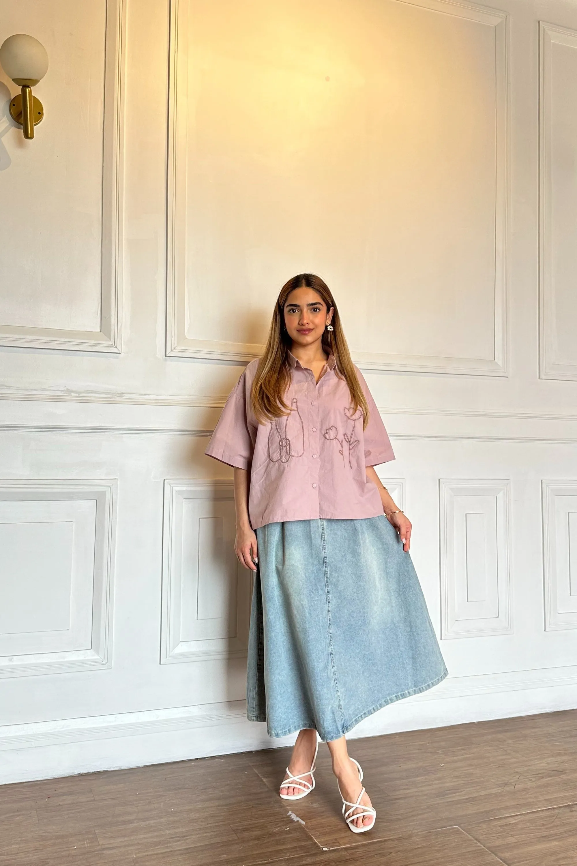 Line Embroidery Shirt & Skirt Coord Set