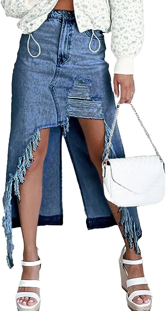 Long Denim Skirt High Waist Frayed Tassel Irregular Hi-Low Back Slit Midi Jean Skirt for Women