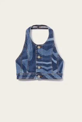 Marmo-Print Denim Crop Top