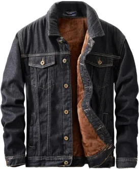 Men's Black Denim Jacket Fleece Lined Button Down Thick Warm Winter Cotton Jean Trucker Jackets S-XXL