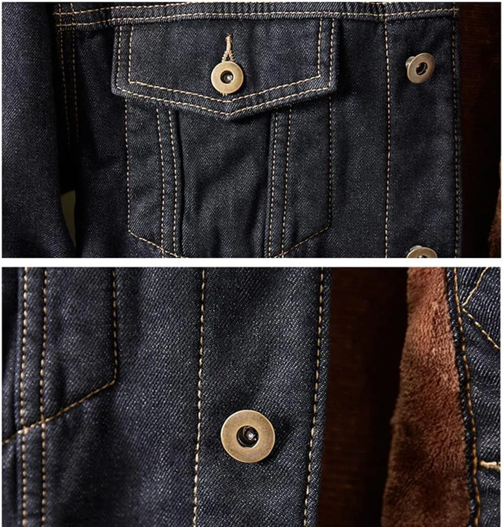 Men's Black Denim Jacket Fleece Lined Button Down Thick Warm Winter Cotton Jean Trucker Jackets S-XXL