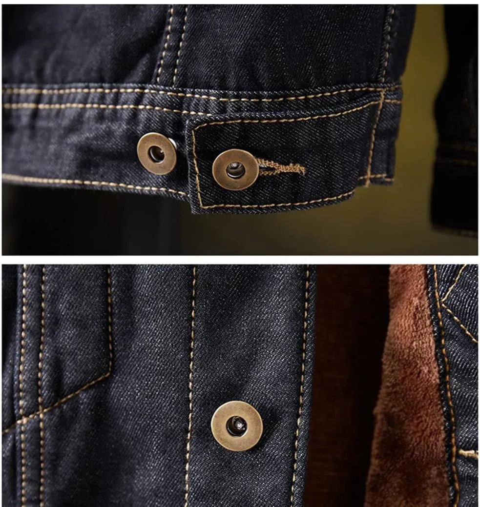 Men's Black Denim Jacket Fleece Lined Button Down Thick Warm Winter Cotton Jean Trucker Jackets S-XXL