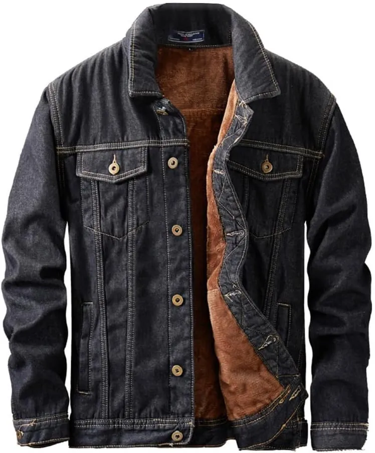 Men's Black Denim Jacket Fleece Lined Button Down Thick Warm Winter Cotton Jean Trucker Jackets S-XXL