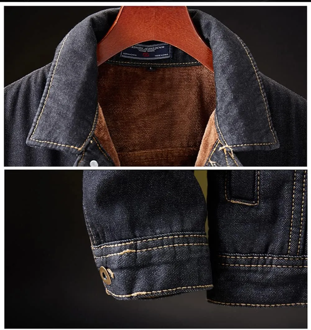 Men's Black Denim Jacket Fleece Lined Button Down Thick Warm Winter Cotton Jean Trucker Jackets S-XXL