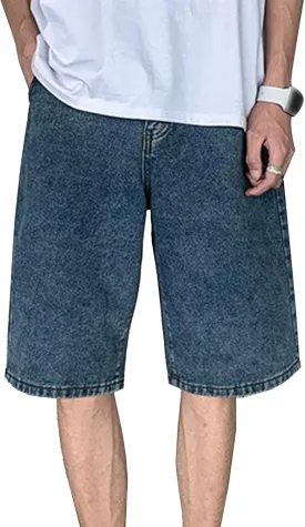 Men's Vintage Straight Jean Shorts Washed Short Pants with Pockets Casual Loose Denim Shorts Grey