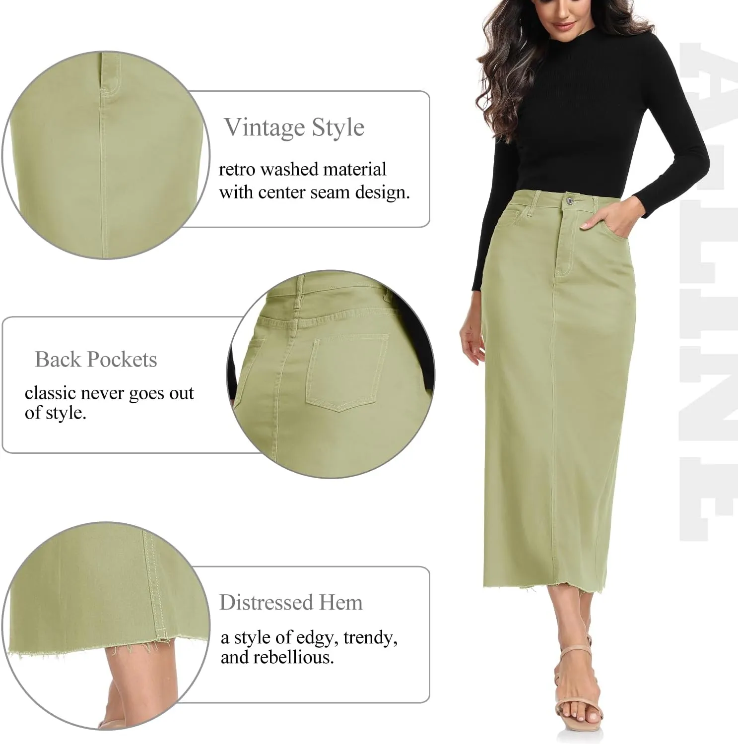 MISS MOLY Women's Mid Denim Skirts Stretch High Waist Frayed Raw Hem Split A line Flare Jean Skirt Maxi Dress with Pockets