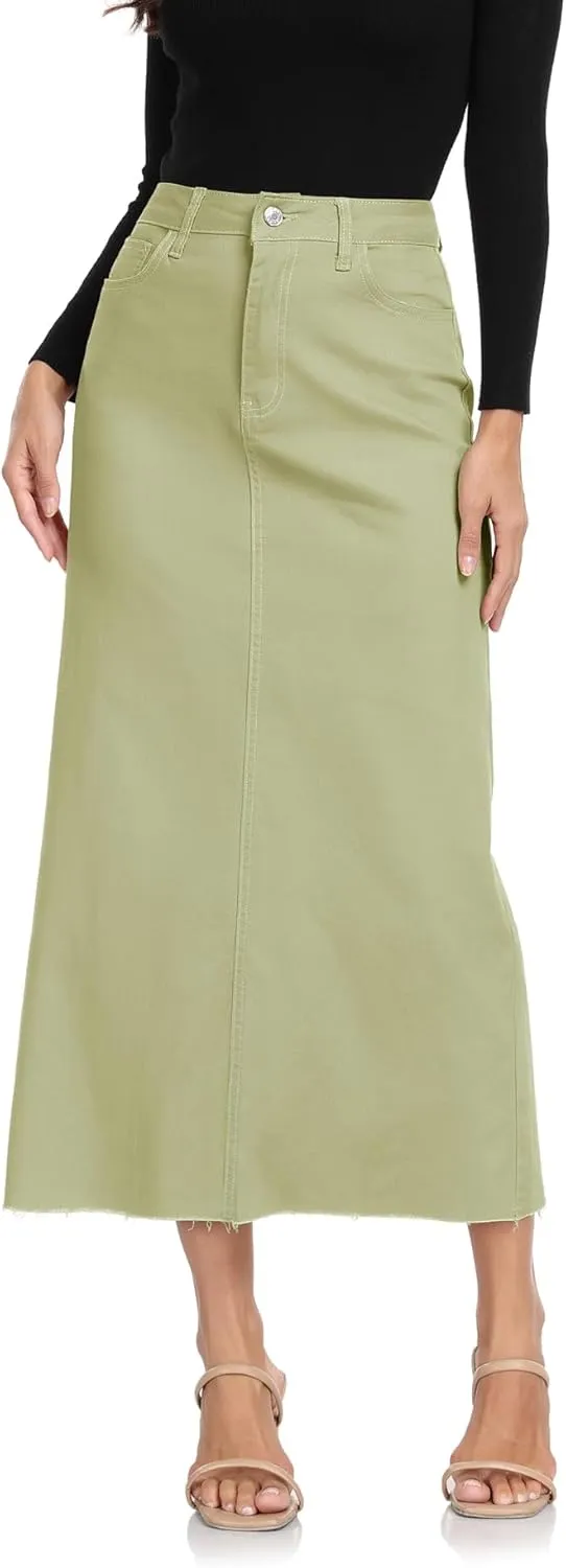 MISS MOLY Women's Mid Denim Skirts Stretch High Waist Frayed Raw Hem Split A line Flare Jean Skirt Maxi Dress with Pockets