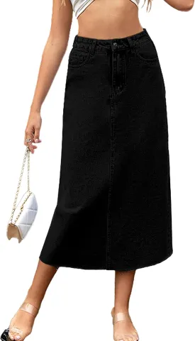 MISS MOLY Women's Mid Denim Skirts Stretch High Waist Frayed Raw Hem Split A line Flare Jean Skirt Maxi Dress with Pockets
