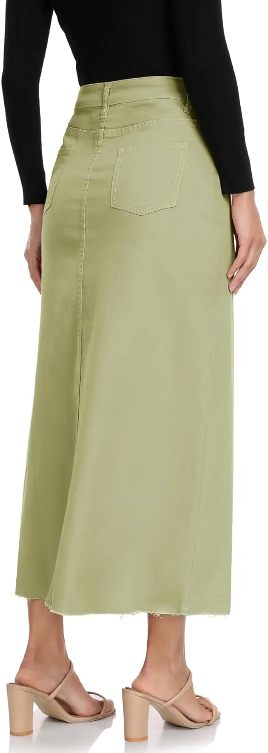 MISS MOLY Women's Mid Denim Skirts Stretch High Waist Frayed Raw Hem Split A line Flare Jean Skirt Maxi Dress with Pockets