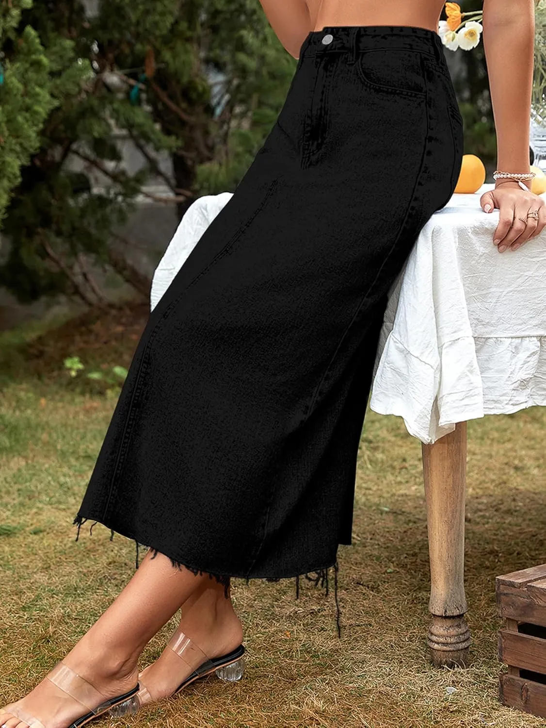 MISS MOLY Women's Mid Denim Skirts Stretch High Waist Frayed Raw Hem Split A line Flare Jean Skirt Maxi Dress with Pockets
