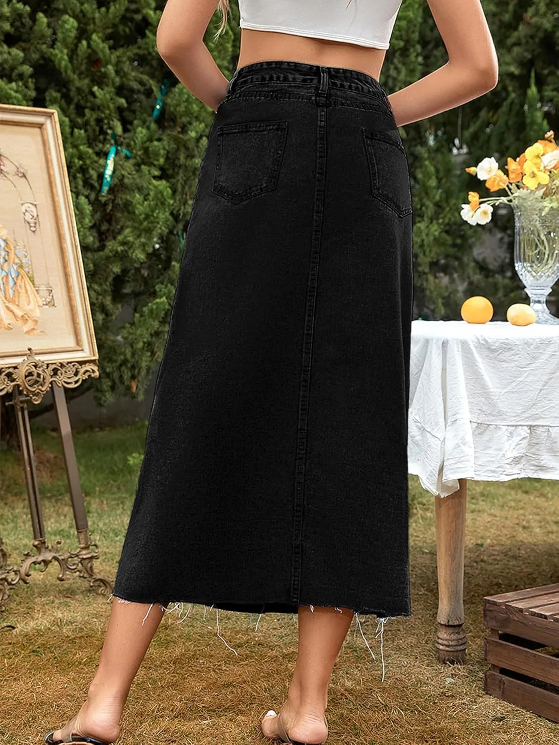 MISS MOLY Women's Mid Denim Skirts Stretch High Waist Frayed Raw Hem Split A line Flare Jean Skirt Maxi Dress with Pockets