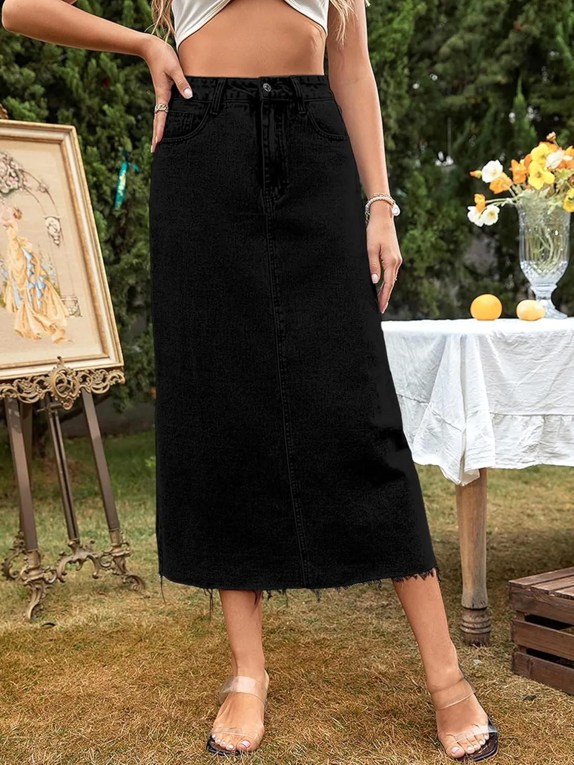 MISS MOLY Women's Mid Denim Skirts Stretch High Waist Frayed Raw Hem Split A line Flare Jean Skirt Maxi Dress with Pockets