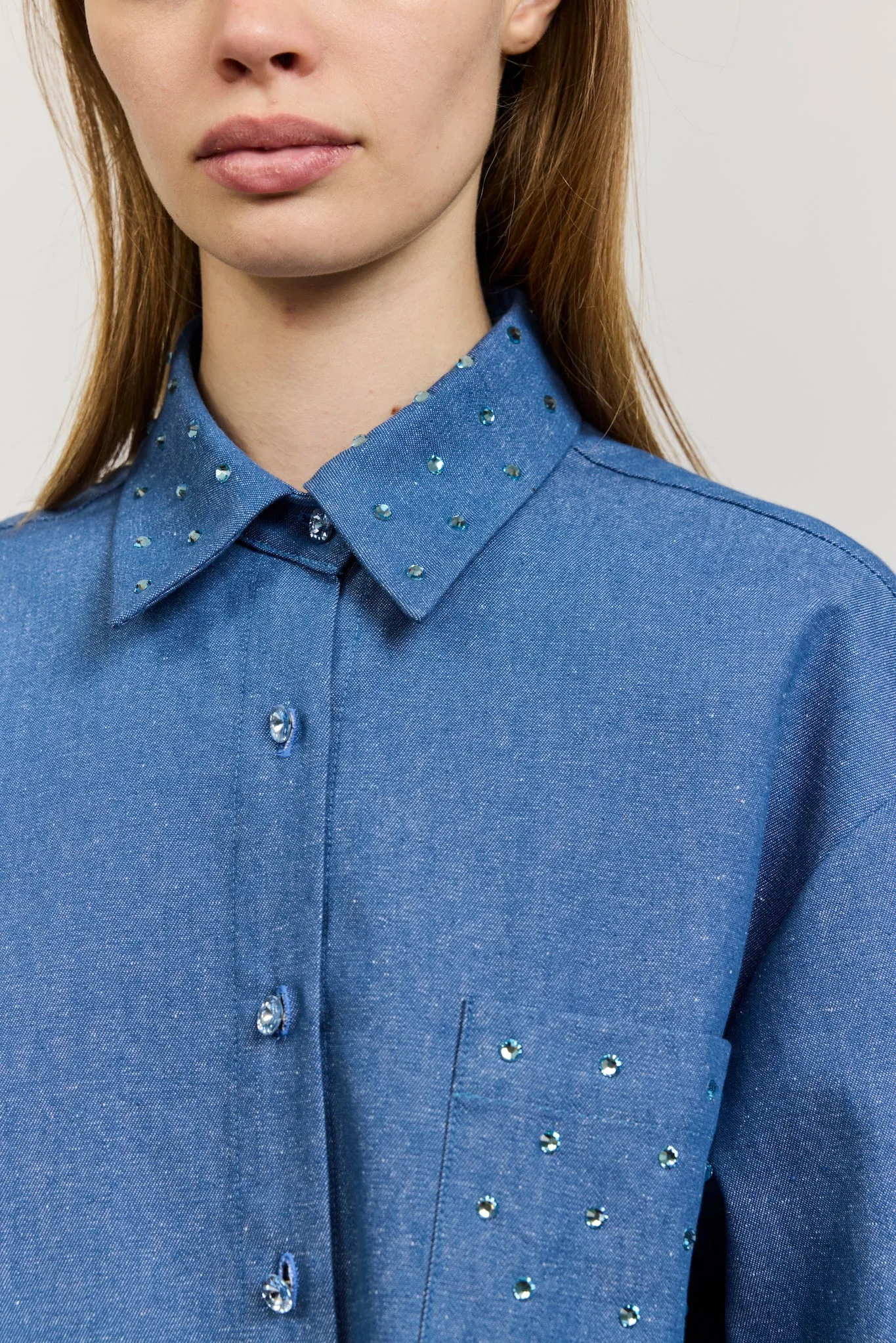 One-of-a-Kind Reilly Blouse in Chambray with Rhinestones