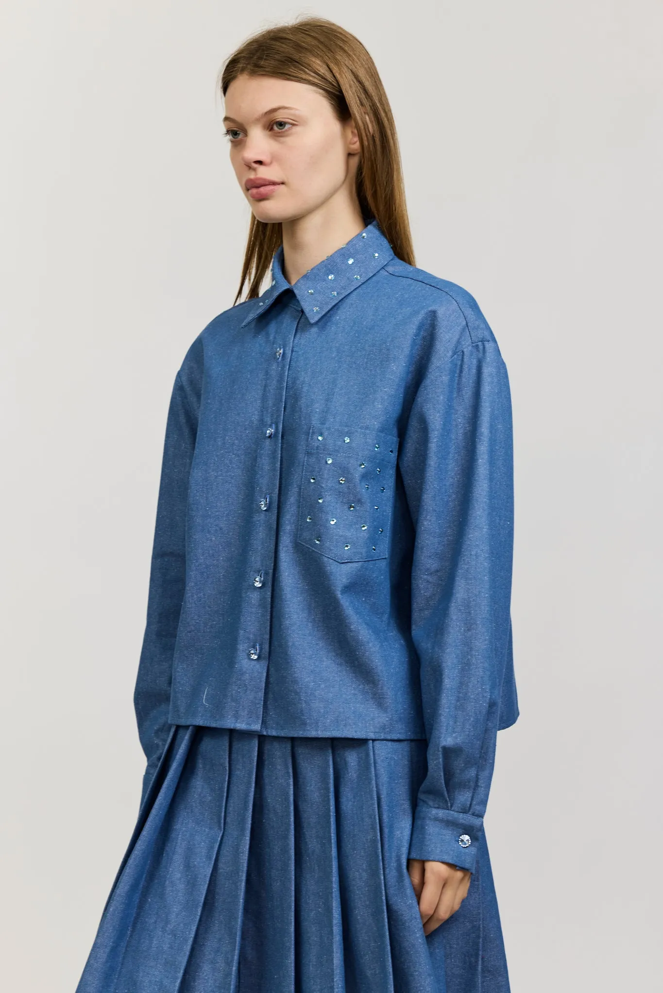 One-of-a-Kind Reilly Blouse in Chambray with Rhinestones