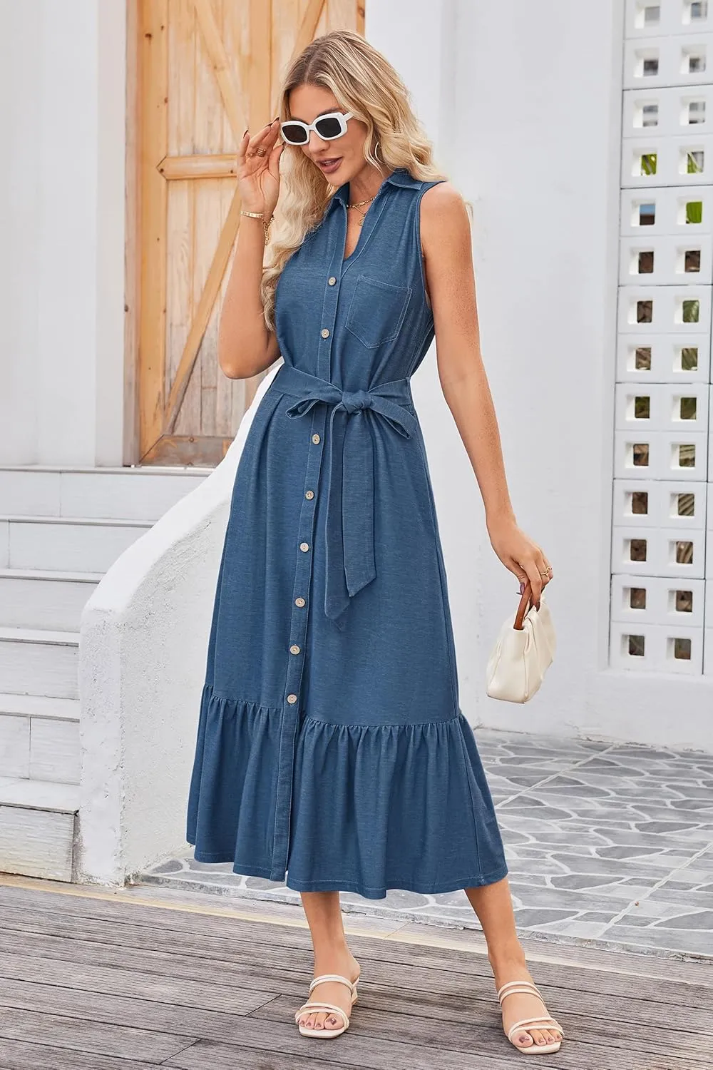OUGES Womens 2025 Spring Maternity Dress Polo V Neck Sleeveless Ruffle Button Pregnancy Casual Work Dress with Pockets