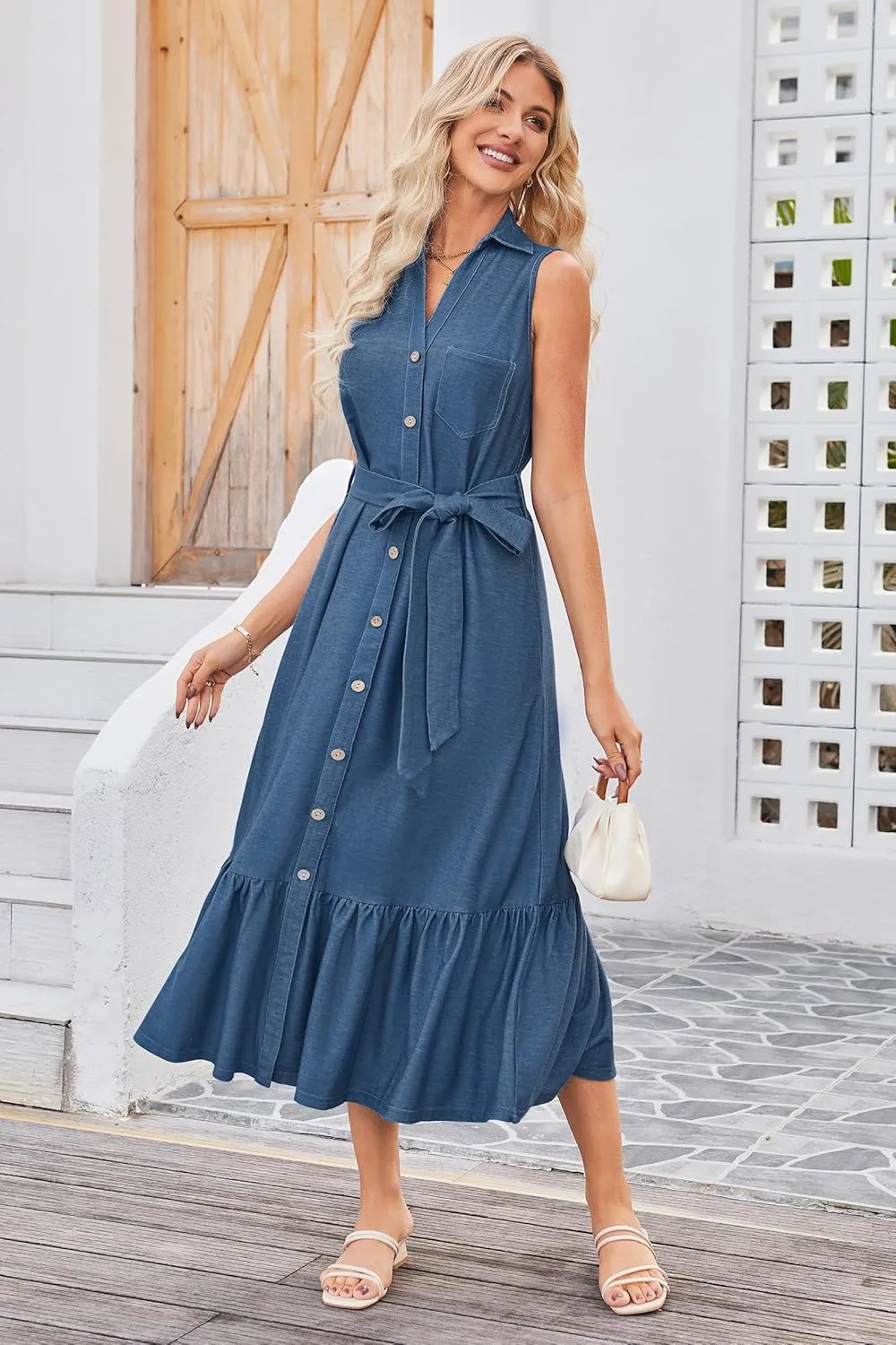 OUGES Womens 2025 Spring Maternity Dress Polo V Neck Sleeveless Ruffle Button Pregnancy Casual Work Dress with Pockets