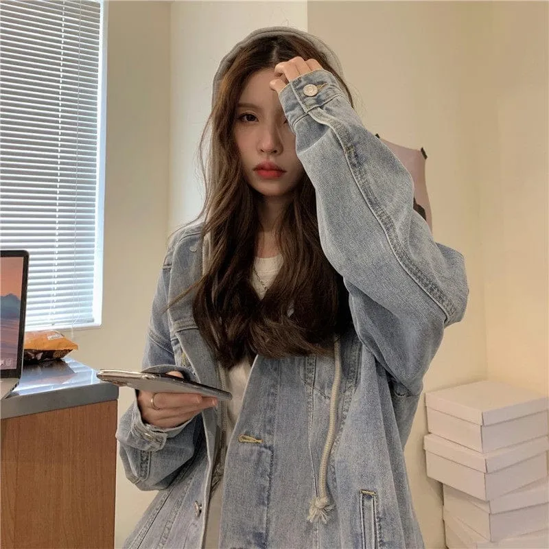 Oversized Hooded Basic Denim Jacket