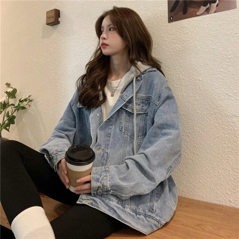 Oversized Hooded Basic Denim Jacket