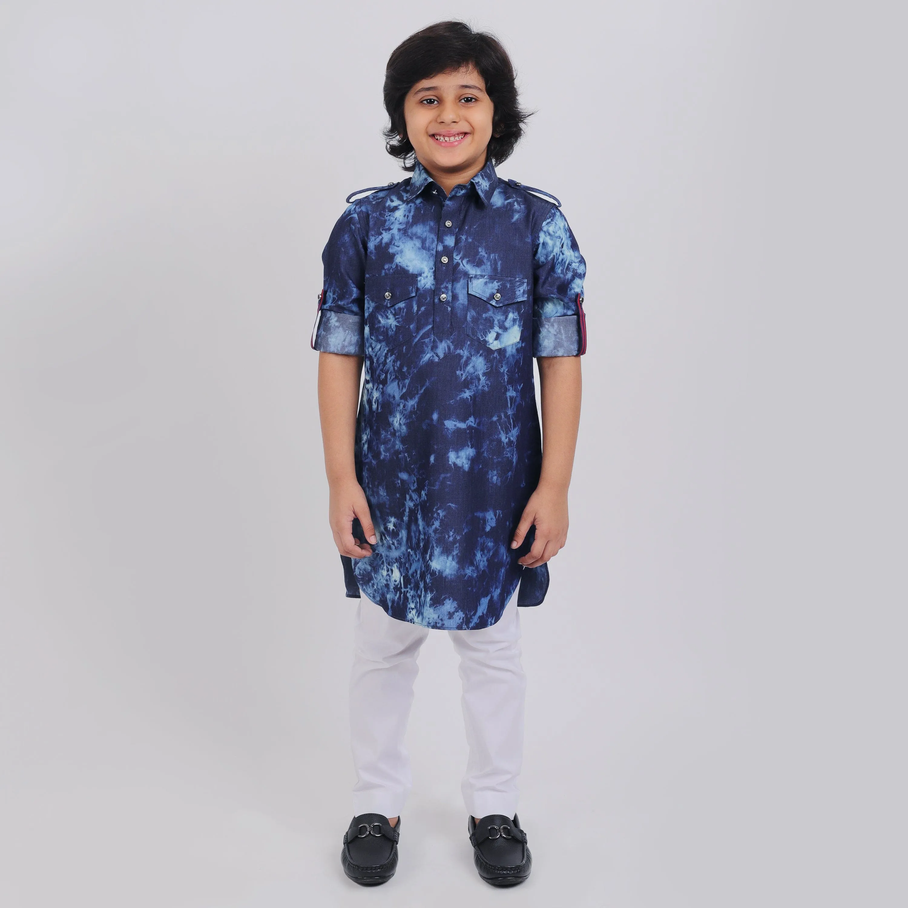 Pre-Order : DENIM PATHANI KURTA WITH WHITE PANTS for Boys